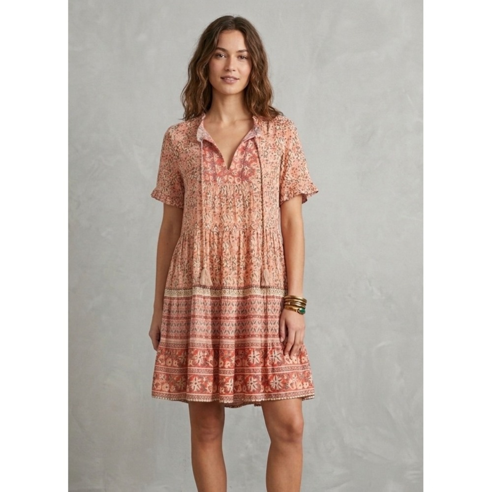 Sundance Boho Floral Tiered Tassel Tie Cotton Peasant Mini Dress XS